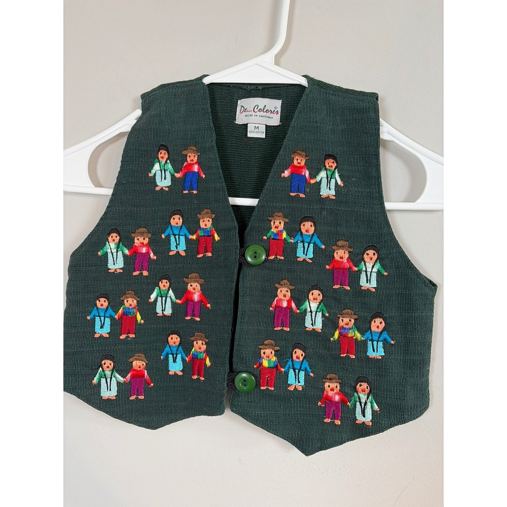 De Colores Kids Vintage Embroidered People Vest Green Cotton Guatemala Medium